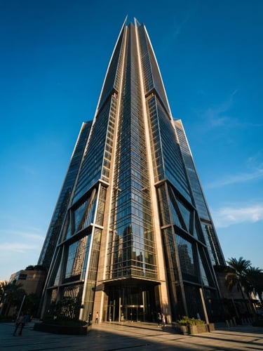 Low-angle heroic architectural shot of a modern glass and steel skyscraper in Abu Dhabi, sharp morning light, deep shadows, 35mm lens
