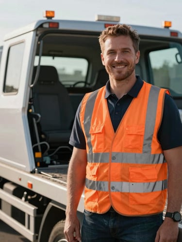 Medium shot of a professional tow truck driver in a high-visibility safety orange vest, smiling confidently next to a modern flatbed, warm daylight, 35mm