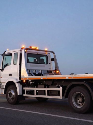 Dynamic wide angle shot of a clean modern flatbed tow truck with safety orange beacons glowing at twilight on a Brazilian highway, crisp 35mm editorial photography