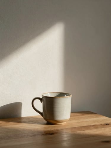 Portrait of a quiet domestic space, soft morning light casting gentle shadows on a textured wall, a ceramic mug resting on a wooden table, warm editorial minimalism.