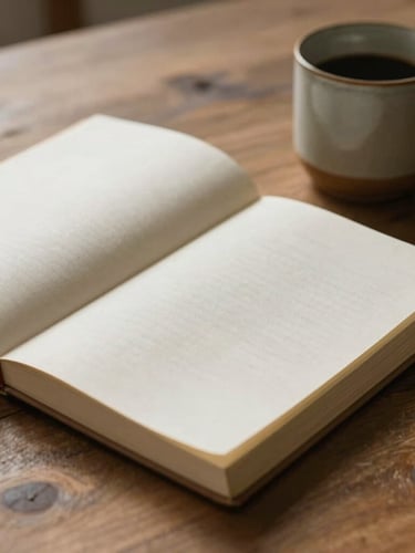Soft diffused morning light falling on an open linen notebook resting on a textured wooden table beside a ceramic mug, warm earthy tones.