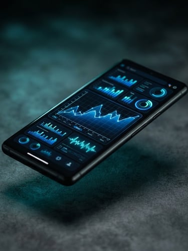 High-fidelity Android phone mockup displaying a dark mode productivity interface with vibrant electric blue charts, floating over a deep charcoal surface with subtle teal ambient shadows, macro depth of field, 35mm