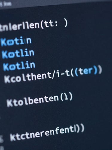 Extreme macro close-up of clean Kotlin code on a high-resolution screen, cool-toned studio light with electric blue ambient glow, shallow depth of field.
