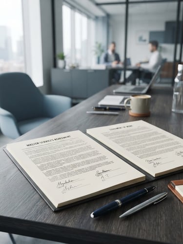 Professional corporate photography of a modern office desk with signed B2B contracts, soft natural lighting, muted blue and slate gray tones, clean 35mm composition