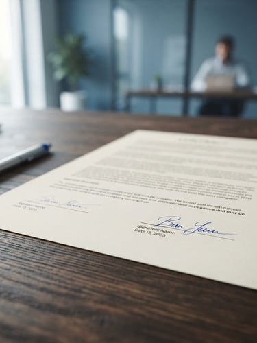 Close-up of a signed business contract on a dark wooden desk, soft natural office lighting, muted blue tones, professional corporate photography, 35mm