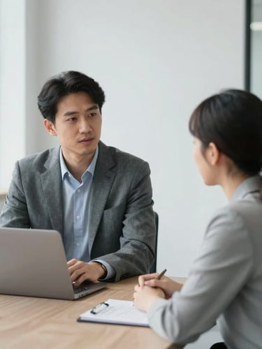 A professional B2B consultation in a bright modern office, professional corporate photography, soft natural lighting, muted slate gray tones, 35mm