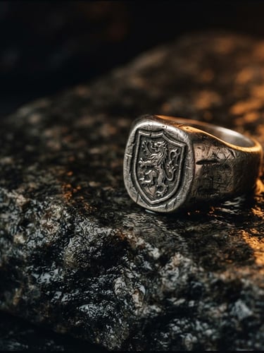 Extreme macro shot of a heavy-gauge textured silver signet ring resting on a rough-hewn wet granite slab, dark chiaroscuro lighting, single-source warm amber glow from the right, 35mm film grain