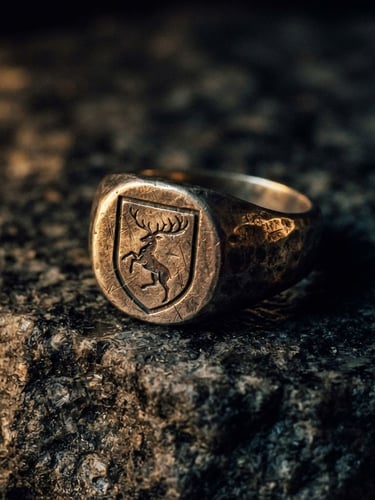 Macro shot of a heavy textured silver signet ring resting on raw dark granite, deep shadows, single source golden hearth light, 35mm film grain