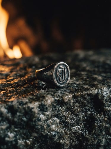Macro chiaroscuro photograph of a heavy hand-forged silver signet ring resting on rough-hewn wet granite, single-source golden hearth light casting deep shadows, 35mm film grain