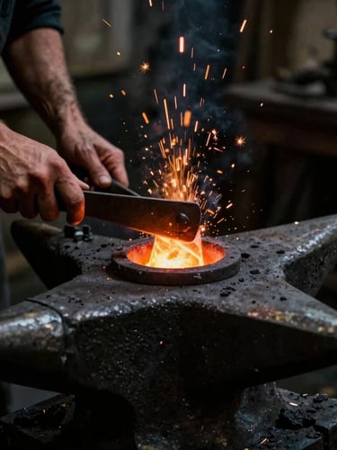 Close-up of weathered hands operating a blacksmith forge, glowing amber coals, sparks rising in a dark stone workshop, high-contrast chiaroscuro