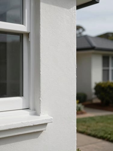 Close-up of a freshly painted exterior wall edge under natural daylight, clean paint line meeting a window frame, Perth suburban home visible softly in background, no people
