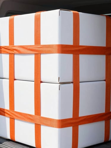 Close-up of industrial orange straps tightly securing cargo boxes inside a clean van interior, bright morning daylight, sharp focus, 35mm