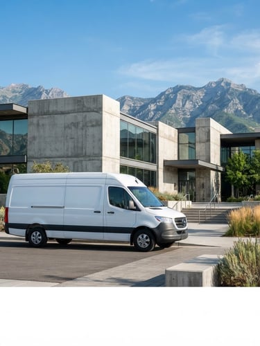 Wide environmental shot of a clean modern white transit van parked in front of a clean architectural concrete backdrop in Cottonwood Heights, bright morning daylight, sharp focus, 35mm