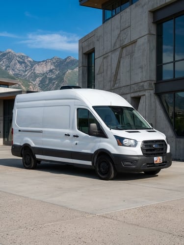 A clean white modern transit van parked against a crisp architectural concrete backdrop in Cottonwood Heights, Utah, bright morning daylight, sharp focus, 35mm.