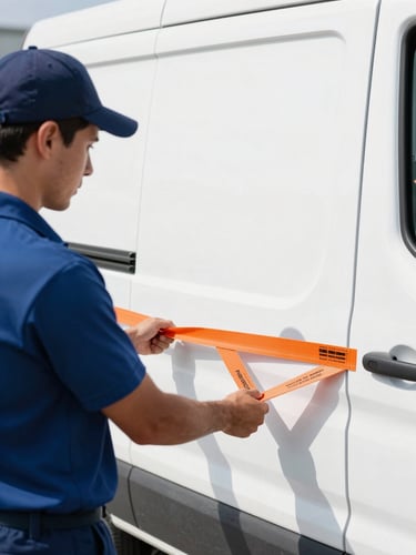 Close-up detail shot of professional movers in clean uniforms using commercial-grade orange strapping to secure cargo inside a clean white transit van, bright morning daylight, sharp focus