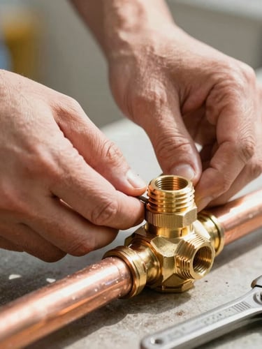 Close-up of hands tightening a brass fitting on copper pipes under bright natural light, professional plumbing tools nearby.