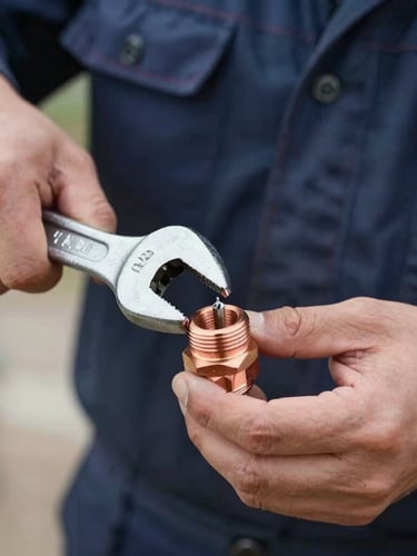 Close-up of professional copper pipe fittings being tightened with a heavy-duty wrench, bright natural daylight, hands of a clean-cut technician in a dark blue uniform, sharp focus on the metallic joint.