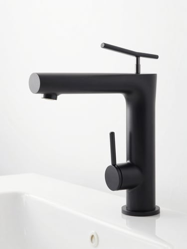 Front-on geometric elevation of a matte black architectural basin mixer, sharp metallic reflections, clean white background, minimalist industrial style, 50mm lens.