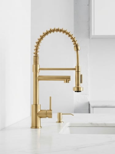 Side view of a high-arc professional kitchen faucet with brushed gold finish, captured in a clean minimalist architectural kitchen, sharp studio lighting, crisp metallic reflections