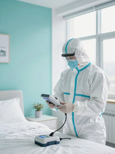 Professional technician in clean white protective suit inspecting a modern bedroom with specialized thermal equipment, clinical bright daylight, teal accents.