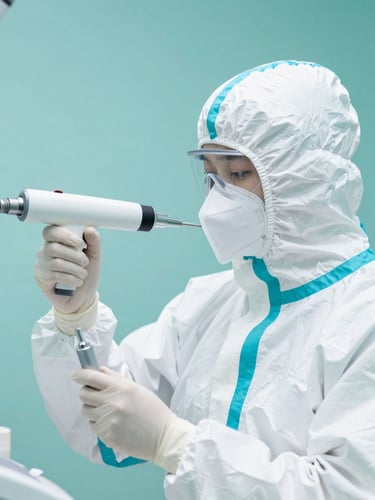 Bright clinical photography of a professional technician in a clean white protective suit holding a precise thermal treatment nozzle, soft daylight, teal accents.