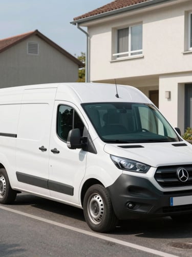 An unmarked clean white service van parked quietly on a clean residential street in Courbevoie, bright natural daylight, clinical and professional atmosphere.
