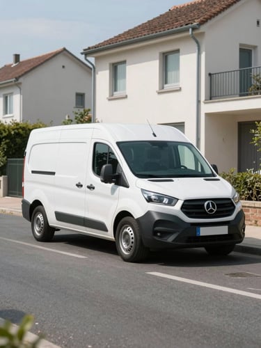 Unmarked white professional service van parked on a clean residential street in Hauts-de-Seine, bright daylight, clinical and reassuring tone