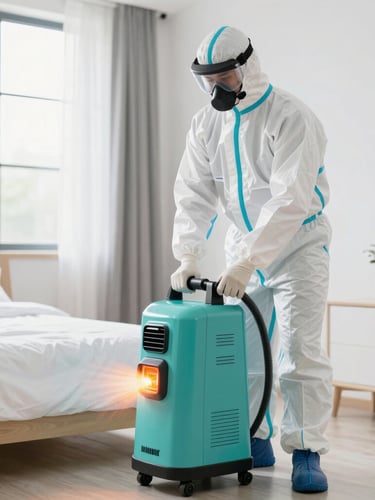 Professional pest control technician in clean white protective gear using advanced thermal heat treatment equipment in a modern bedroom, bright clinical lighting