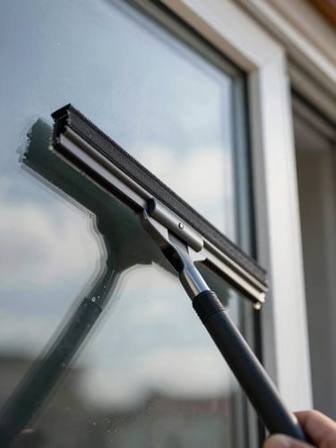Macro detail shot of a squeegee smoothing architectural film onto a large residential window, sharp reflections highlighting the micro-shaved edge.