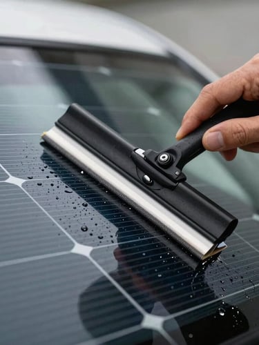 Close-up macro shot of a technician using a squeegee to smooth dark solar film onto a curved car window, water droplets, precise hand movement