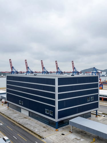 Cool overcast daylight, high-angle architectural perspective of a modern deep-water port terminal, deep navy and silver tones, sharp focus.