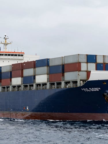 High-contrast commercial photograph of a massive container vessel loaded with cargo transit at sea, overcast silver sky, cool daylight.
