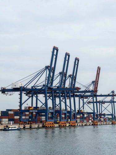 Wide-angle architectural perspective of a modern deep-water port terminal in Singapore, towering gantry cranes framing container stacks under overcast maritime daylight.
