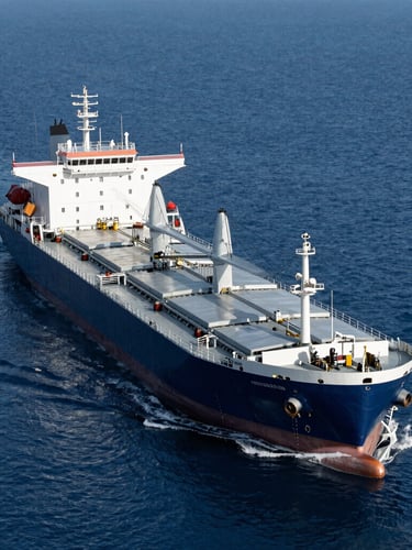 High-angle environmental shot of a deep-sea cargo ship navigating calm open water, crisp cool daylight, deep blue ocean, silver metallic highlights.