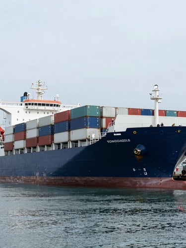 Wide-angle architectural perspective of a massive deep-sea container vessel docked at a modern Singapore port under cool overcast daylight, high-contrast silver highlights