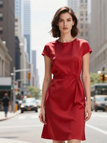 Editorial medium shot of women's premium silk dress in crimson red, urban New York background, crisp daylight