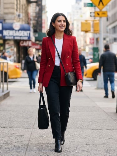 Editorial medium-shot of a woman styled in a structured crimson red blazer, urban New York background, bright natural daylight, crisp focus