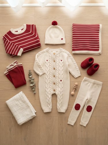 A bright, clean studio flat-lay of premium organic cotton kids' knitwear in soft cream and warm crimson red accents, natural daylight.