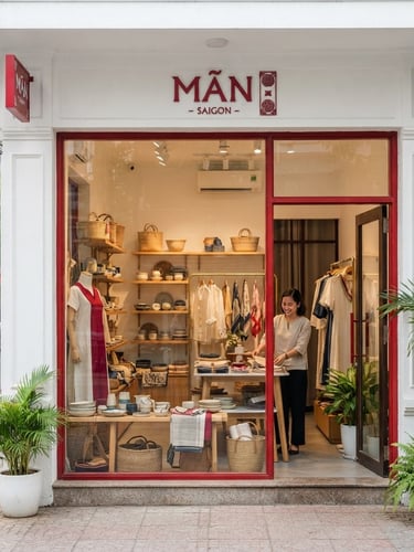 Editorial portrait of a bright boutique storefront in Ho Chi Minh City, crisp daylight illuminating clean white walls, crimson red accents, curated displays of handmade goods and premium fashion, sharp focus.
