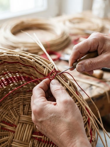 Close-up of hands weaving a natural rattan basket under bright natural daylight, crisp focus, red thread accents, professional studio lighting.