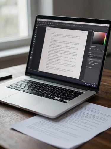 Close detail of a laptop screen showing a digital ad layout in an open design application, a printed proof with hand-written annotations lying beside it on the desk, overcast window light from the left