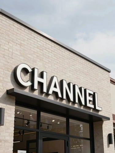 Wide environmental shot from street level — a bold channel-letter storefront sign installed above a retail entrance, midday overcast light, clean brick facade, no people, sharp focus on the dimensional letterforms and their shadow relief against the wall