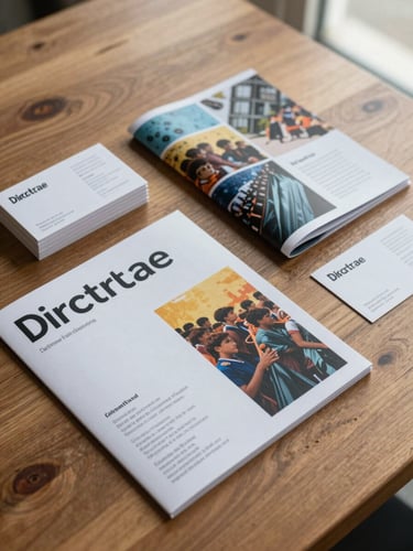 Flat-lay overhead of printed brochures, folded mailers, and a business card set on a raw wood desk surface under diffuse window light, ink colors saturated, paper texture clearly visible