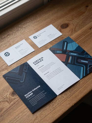 Close overhead flat-lay of freshly printed marketing collateral — business cards, a folded brochure, and a banner sample arranged on a raw wood desk under window light, material textures clearly visible, ink rich and saturated, no hands in frame