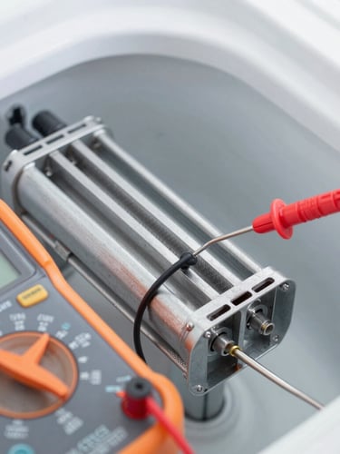 Macro shot of a digital multimeter testing a washing machine heating element, bright high-key utility lighting, cool metallic tones, safety orange accents, crisp details