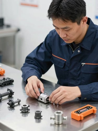 A professional technician in a clean navy uniform neatly organizing genuine OEM replacement parts on a bright metal work surface, high-key utility lighting