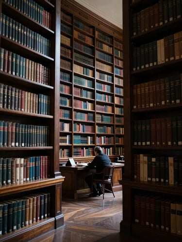 Interior of a grand classical library reading room, towering dark wooden shelves receding into shadow, cool diffused north-facing light falling across leather-bound volumes, a solitary male figure in silhouette seated at a reading desk in the middle distance, atmospheric and scholarly