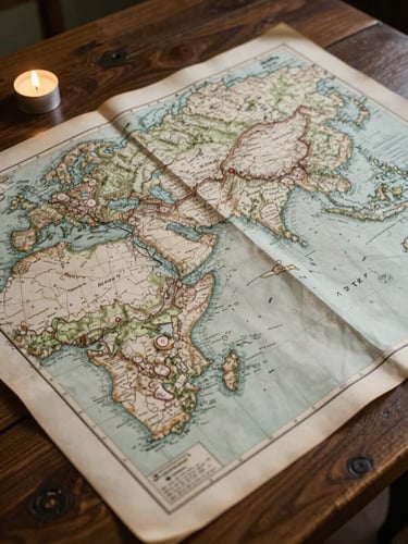 Wide panoramic view of an antique hand-drawn geopolitical map spread across a dark oak table, candlelight from the left casting long cool shadows across coastlines and territorial annotations, close environmental detail of manuscript cartography, no people visible