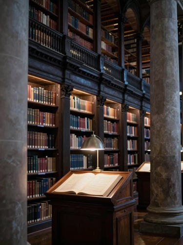 Interior of a grand historical library, tall dark bookshelves receding into shadow, a single reading lamp casting cool diffused light over a manuscript open on a wooden lectern, stone columns framing the space, no people