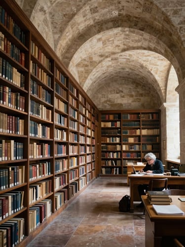Wide interior of an ancient library reading room, vaulted stone ceiling receding into shadow, rows of manuscript shelves lining the left wall, a single scholar's reading desk lit by cool diffused north-facing light, archival atmosphere, no warm tones